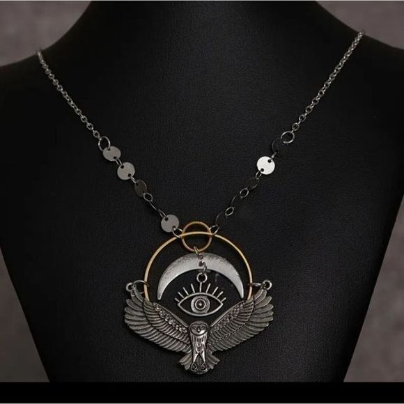 Silver gold titanium owl moon evil eye boho goth punk necklace new - Picture 3 of 7